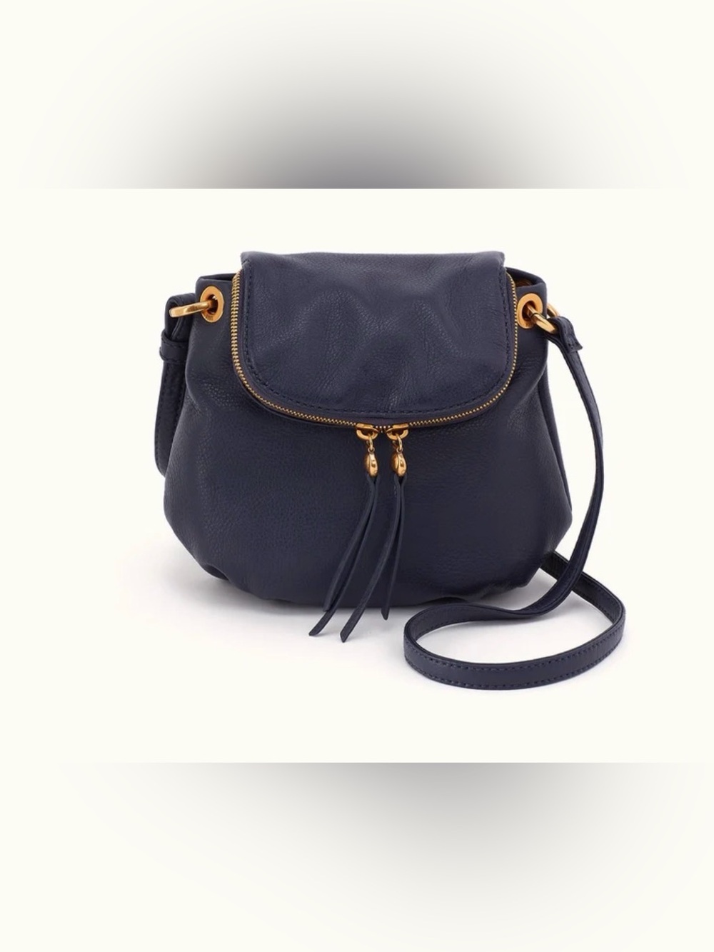 HOBO Navy Leather Fern Zip-Flap Crossbody with Gold Hardware and Tassel Zips - Picture 1 of 3